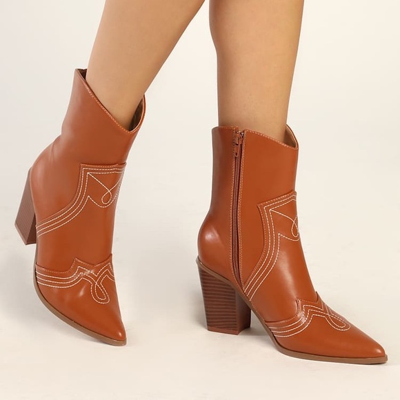 Lulus Shoes - Lulu’s Gladley Tan Pointed-Toe Mid-Calf Western Boots